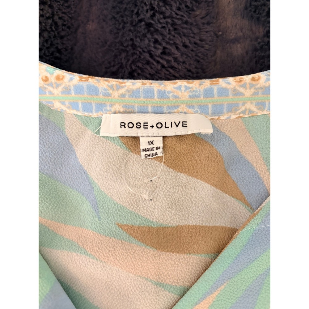 Rose + Olive 1X Blouse Plus Size Boho Tunic Aqua Tan Short Sleeve Resortwear - Picture 5 of 9